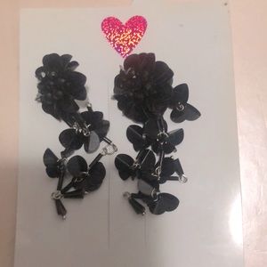 Black Flowered Long Earrings